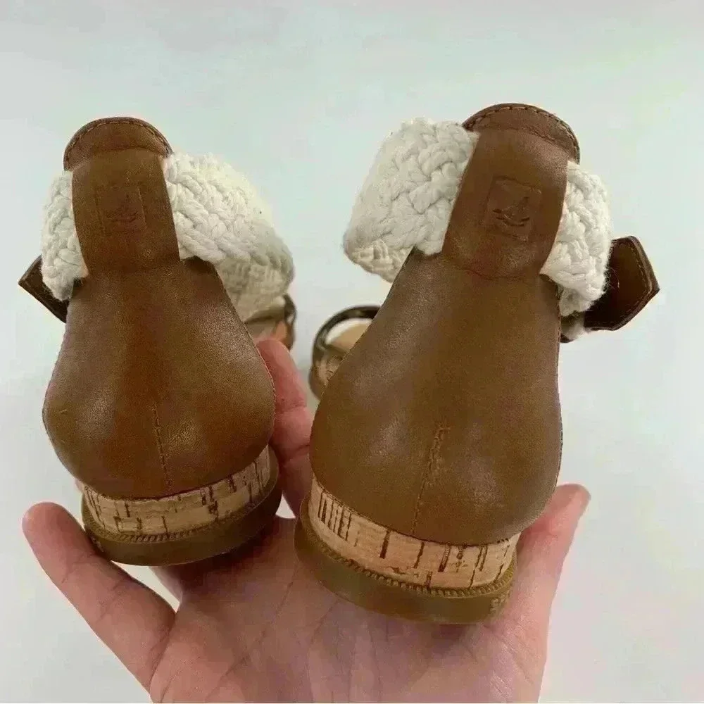 Sperry womens sandals size 5.5 brown leather nautical ankle strap cork wedges